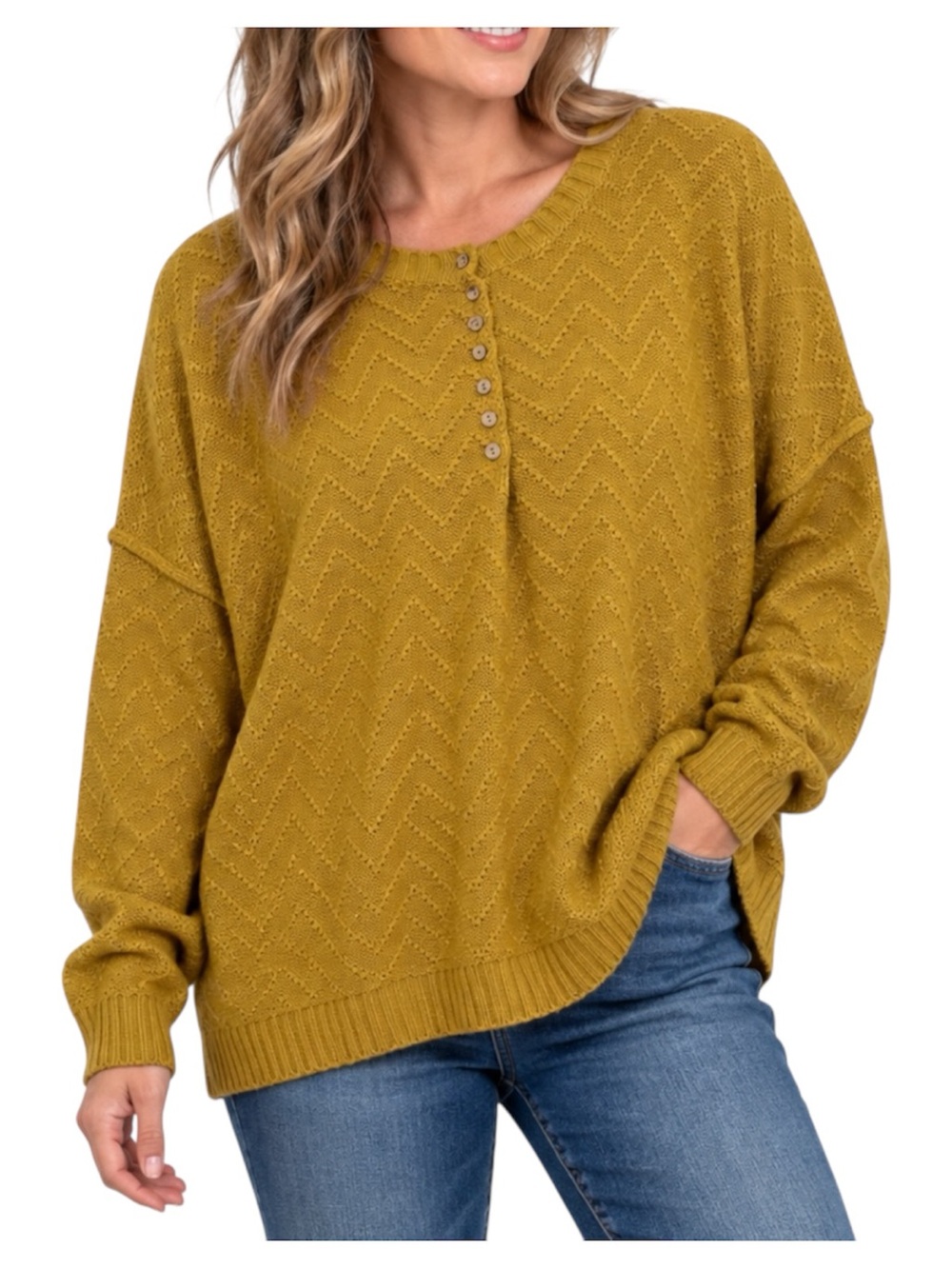 Listicle Womens Large Mustard Yellow Oversized Chevron Knit Henley Sweater Fall